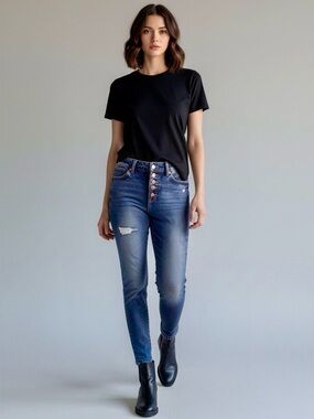 Express High Rise Skinny Jeans with Button Fly Distressed Size 10 Long Tall